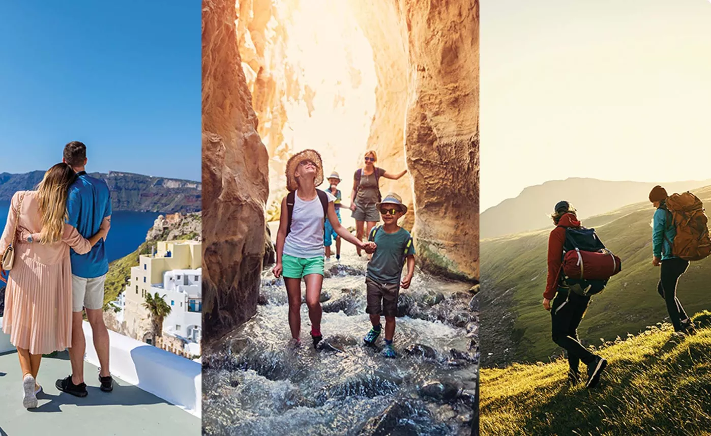  Trois images côte à côte : un couple dans une ville méditerranéenne, une famille marchant dans un canyon rocheux et un couple en randonnée dans des collines herbeuses.
